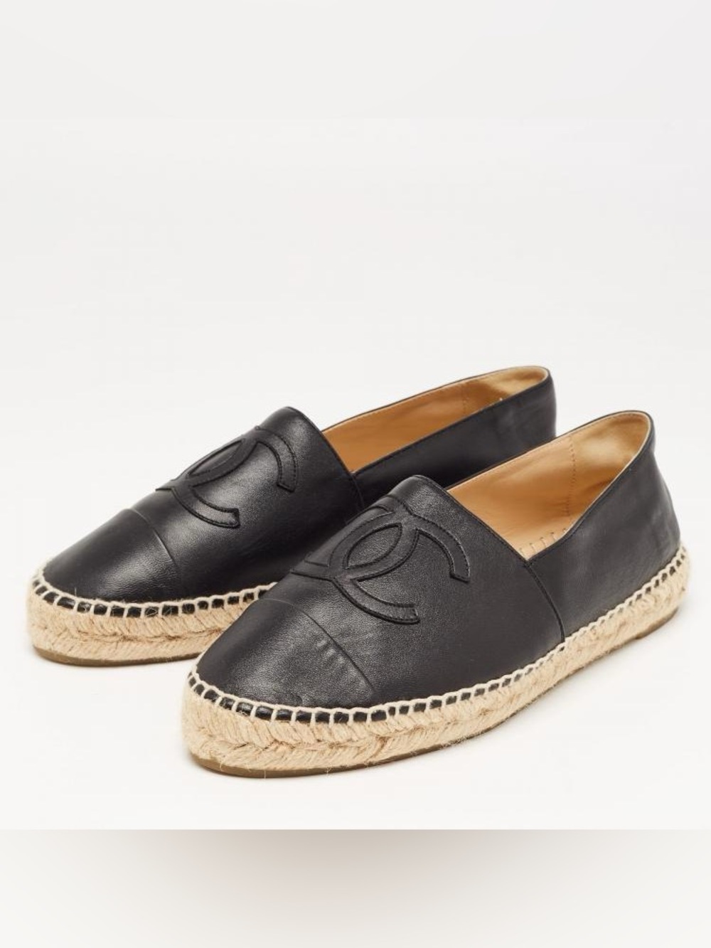 Chanel CC Espadrille Platform Flats Black Leather Cap Toe EU 37 US 6.5